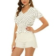 thumbnail image 4 of INSPIRE CHIC Women's Polka Dots Blouse V Neck Ruffle Short Sleeve Smocked Top Beige M, 4 of 6