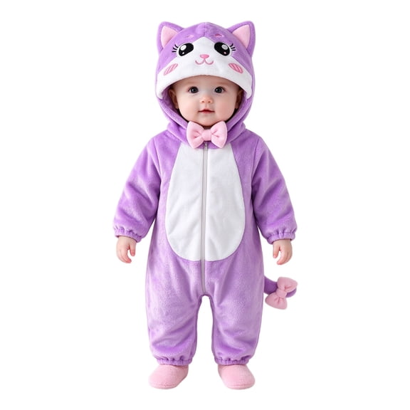 Ruyang Halloween Cat Clothes for Girls Cute Animal Onesie Plush Zipper Hooded Jumpsuit with Bow Tie & Tail Toddler Dress Up for Birthday Parties