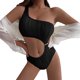 thumbnail image 1 of Bikini de una pieza de un solo hombro Color puro Traje de baño con recorte de cintura de fibra de poliéster transpirable para playa Negro L, 1 of 6