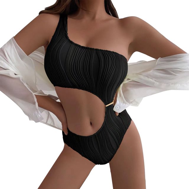 Bikini de una pieza de un solo hombro Color puro Traje de baño con recorte de cintura de fibra de poliéster transpirable para playa Negro L