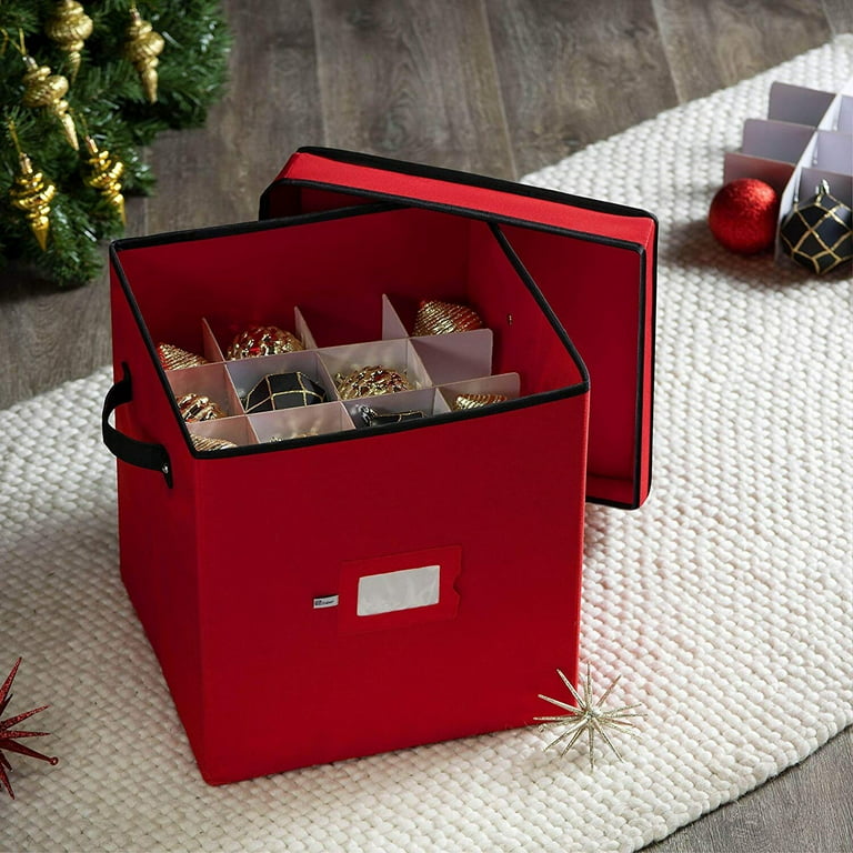 Zober Premium Christmas Ornament Storage Box with Lid - 3-Inch 64-Ornaments, Red