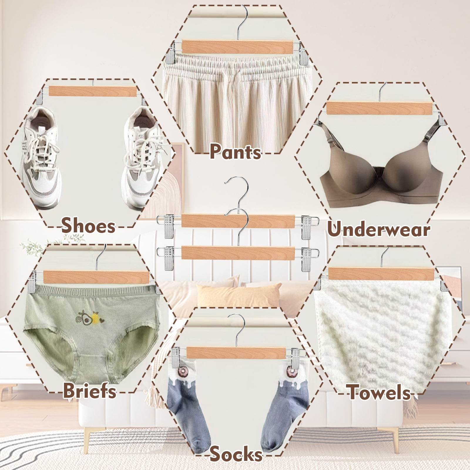 GIRACOA 20 Pack Wood Pants Hangers with Non-Slip Cushion Clips, 13-Inch Wooden Skirt Clamps for Trousers, Jeans, Slacks, & Bottoms – for Closet Organization, Space Saving, 360° Swivel Hook