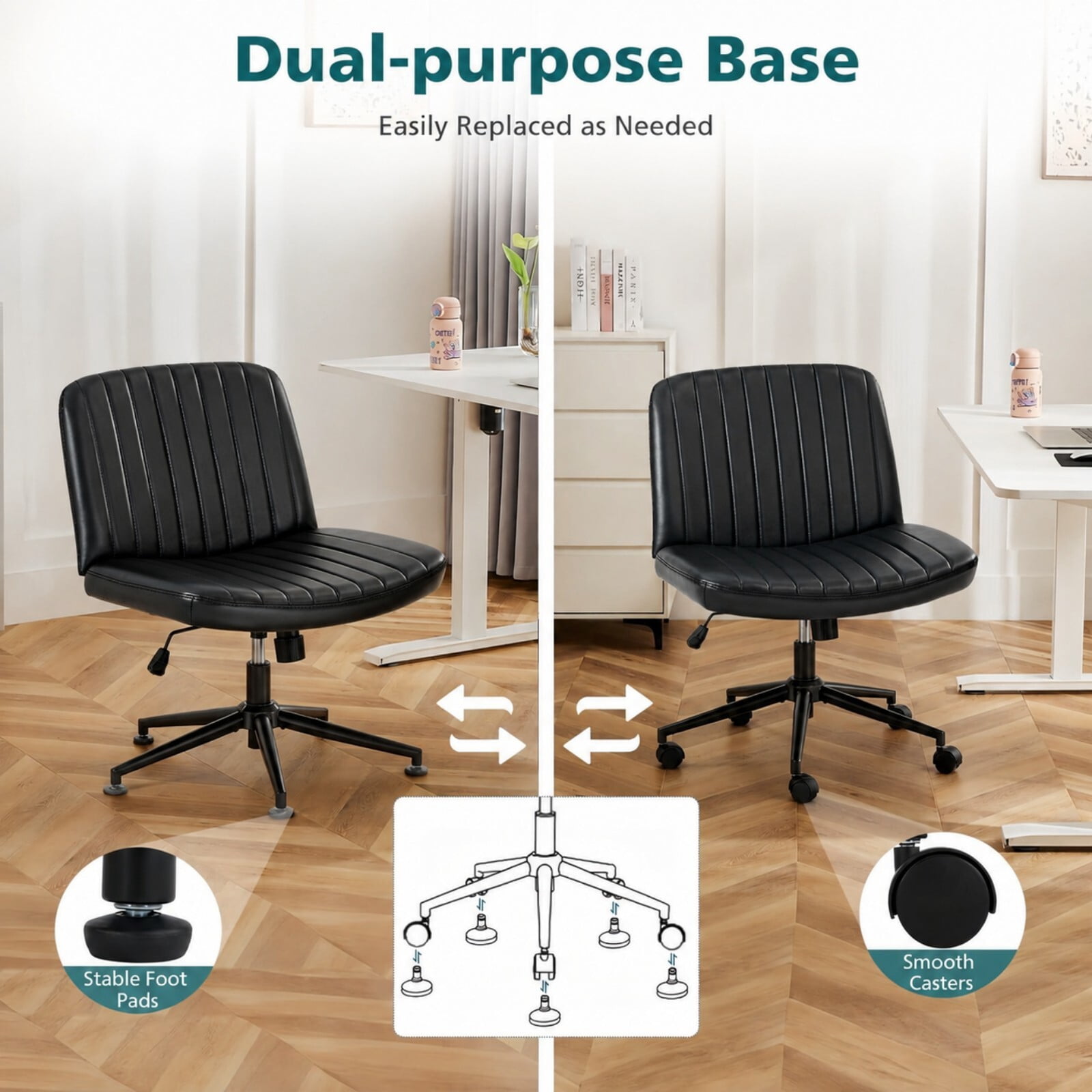 Kelno Armless Criss Cross Office Chair with Wheels 300lb Capacity Wide Seat Cross Legged Desk Chair Height Adjustable Swivel Vanity Chair, Black PU