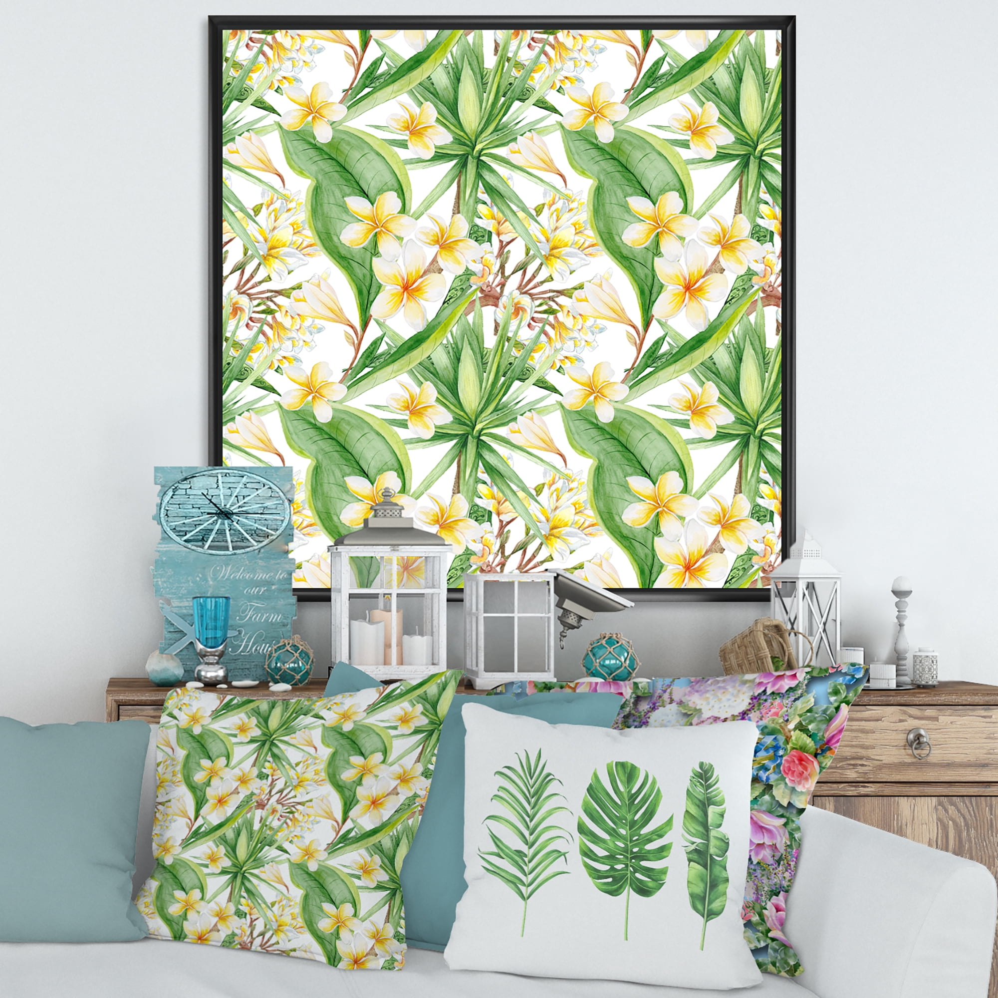Designart 'Yellow Flowers and Tropical Foliage IX' Modern Framed Canvas Wall Art Print