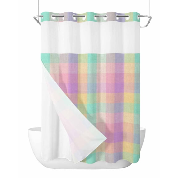No Hook Cloth Fabric Shower Curtain with Snap in Liner, Pink Blue Plaid Waterproof Shower Curtains Set with See Through Top Window, Buffalo Checkered Modern Gingham Lattice Bath Curtains 48"x72"