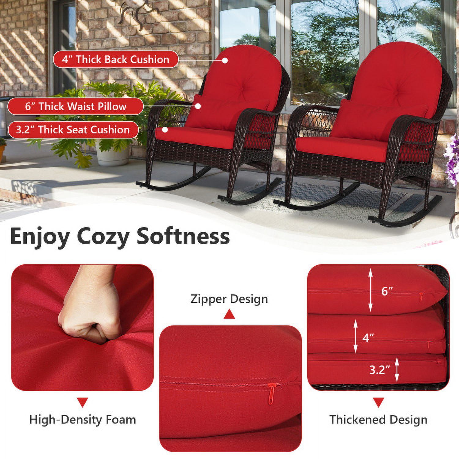 Aimee Lii Outdoor Rocking Chair with Cushion, Wooden Patio Rocker Chair for Lawn, Porch and Garden, Red