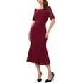 thumbnail image 2 of INSPIRE CHIC Vestido de cóctel para mujer con encaje, dobladillo de cola de pez, manga corta, ajustado, midi, burdeos, talla L, 2 of 6