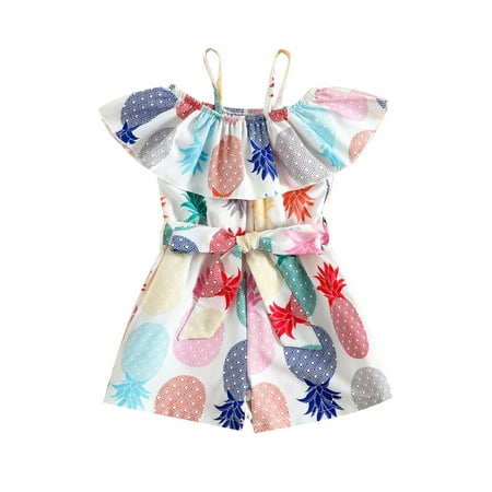 

Eyicmarn Toddler Baby Girls Summer Romper Leaf Flower/Pineapple Print Sleeveless Ruffled Sling Short Jumpsuit One-Piece with Belt