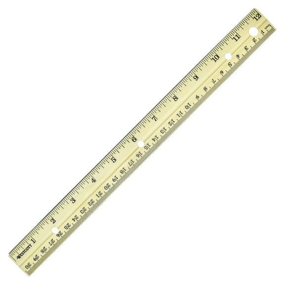 WESTCOTT 088176 Sturdy Metal Edge Hardwood Ruler - Metric And Standard With Three-Hole Punched, 12 In. L