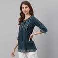 thumbnail image 5 of Janasya Indian Round Neck 3/4 Sleeve Embroidered Navy Blue Cotton Tunic For Women, 5 of 8