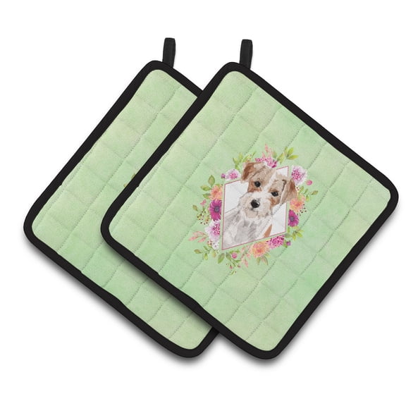 Jack Russell Terrier Green Flowers Pair of Pot Holders