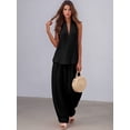 thumbnail image 4 of Women 2 Piece Outfits Halter V Neck Sleeveless Top and Wide Leg Pants Set with Pockets Black S, 4 of 6