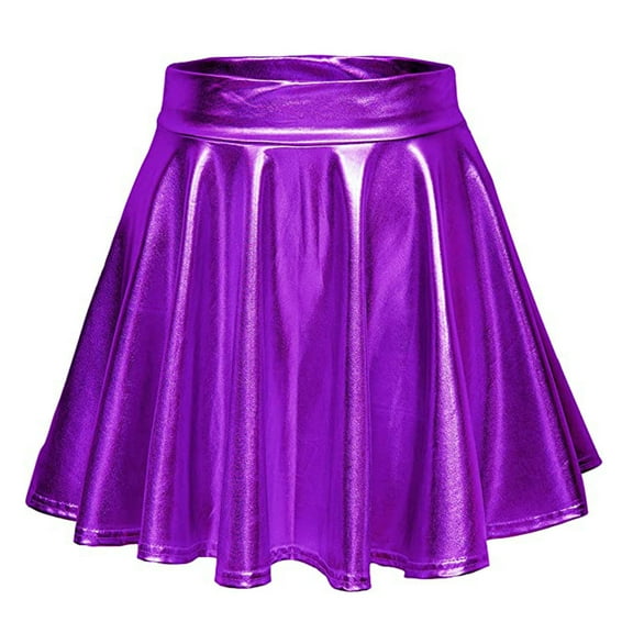 RUTAYY Women Casual Fashion Shiny Metallic Flared Pleated A-Line Mini Skirt Solid Color Flowy Swing Skirts