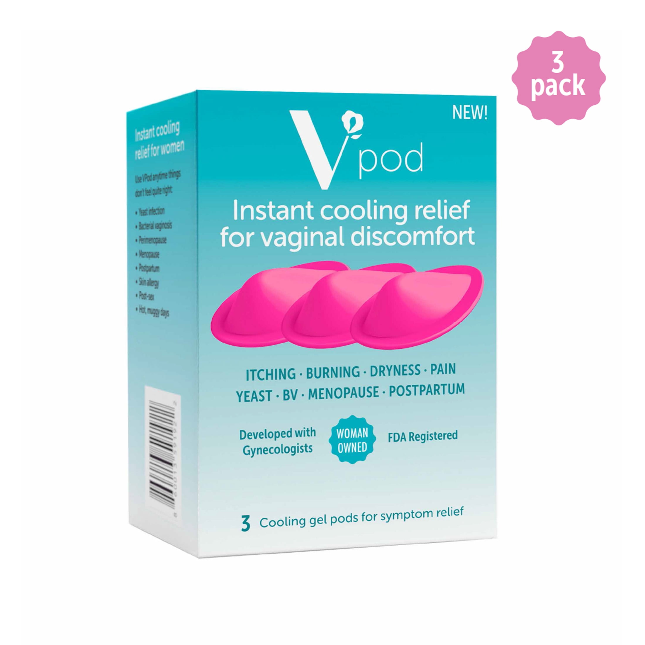(2 pack) VPod Soothing Instant Cooling Relief Vaginal & Vulvar Discomfort — Reusable, Postpartum Recovery, Perineal Pain, BV, Yeast, Hot Flashes, Feminine Cooling Gel Pod, 3 Count
