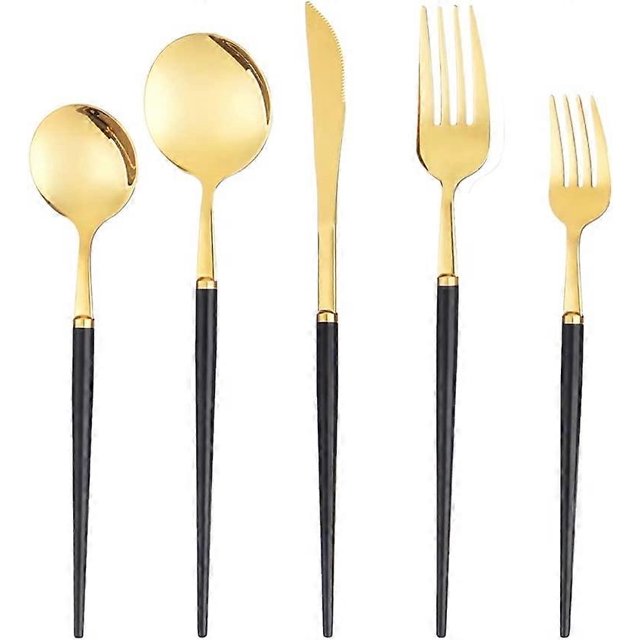 Juego de cubiertos para 4 - Juego de cubiertos de acero inoxidable negro y dorado con cuchillos, tenedores y cucharas - Juego de cucharas y tenedores antideslizantes y no tóxicos