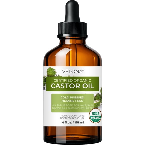 velona USDA Organic Castor Oil - 4 fl oz, Cold Pressed, Hexane Free with Dropper