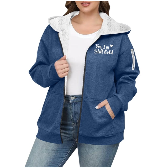 Sweaters for Women: Large Size Solid Color Zipper Hooded Plus Velvet Thickened Jacket, Drop Shoulder Long Sleeve for Cold Weather