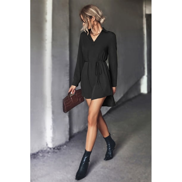 Vestido Con Cinturón, Dobladillo Envolvente Elegante Vestido De Cuello En V De Color Puro Amigable Con La Piel Para Actividades Al Aire Libre ANGGREK Negro S