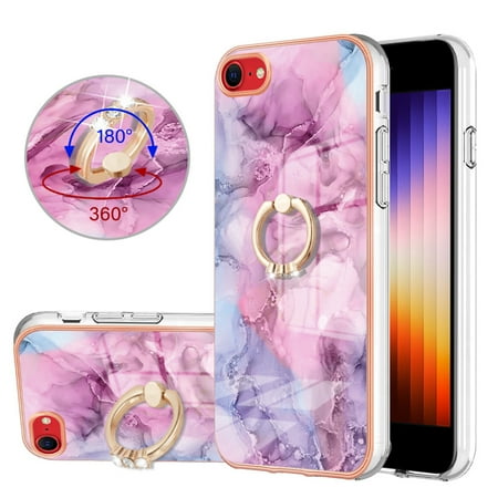 360 Degree Rotating Ring Stand Case for iPhone SE 3rd/2nd Generation /iPhone 7 /iPhone 8,Dteck Shockproof Marble Patterned TPU Case Kickstand Slim Back Cover, Pink