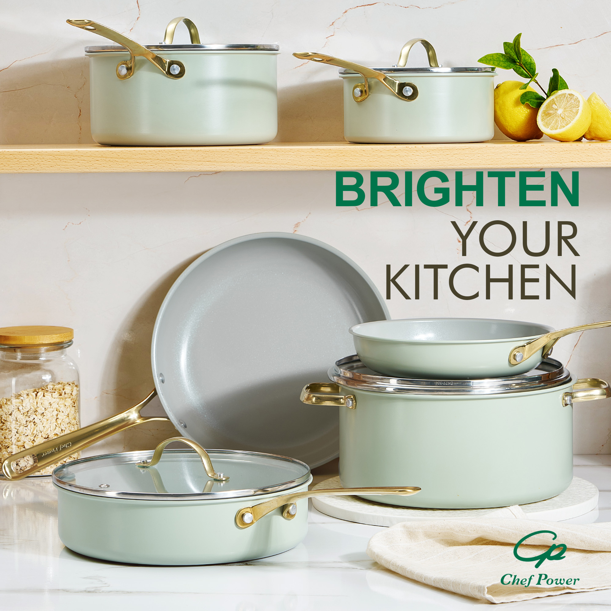 Chef Power 10 Pcs Ceramic Non Stick Cookware Sets, Pots and Pans Set with Stainless Steel Handle, Dishwasher and Oven Safe, Sage green with Light Gold Handle