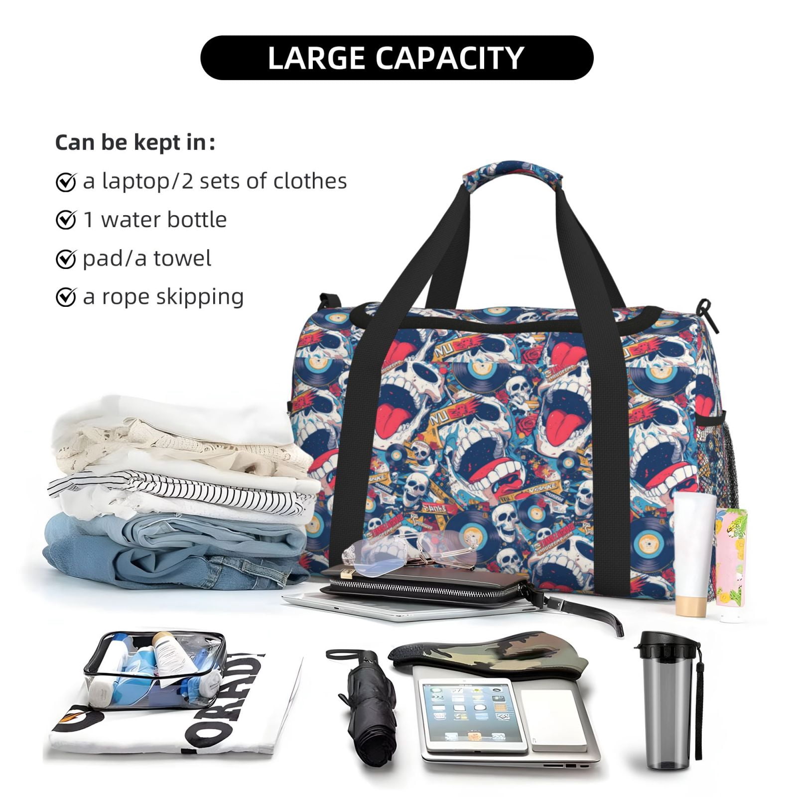 Fuzoiu cool rock Skull Print Travel Duffle Bag,Carry On Tote Bags,Duffel Bag,Sport Gym Bag, Hospital Bag for Labor and Delivery, Overnight Bag,Luggage Bag