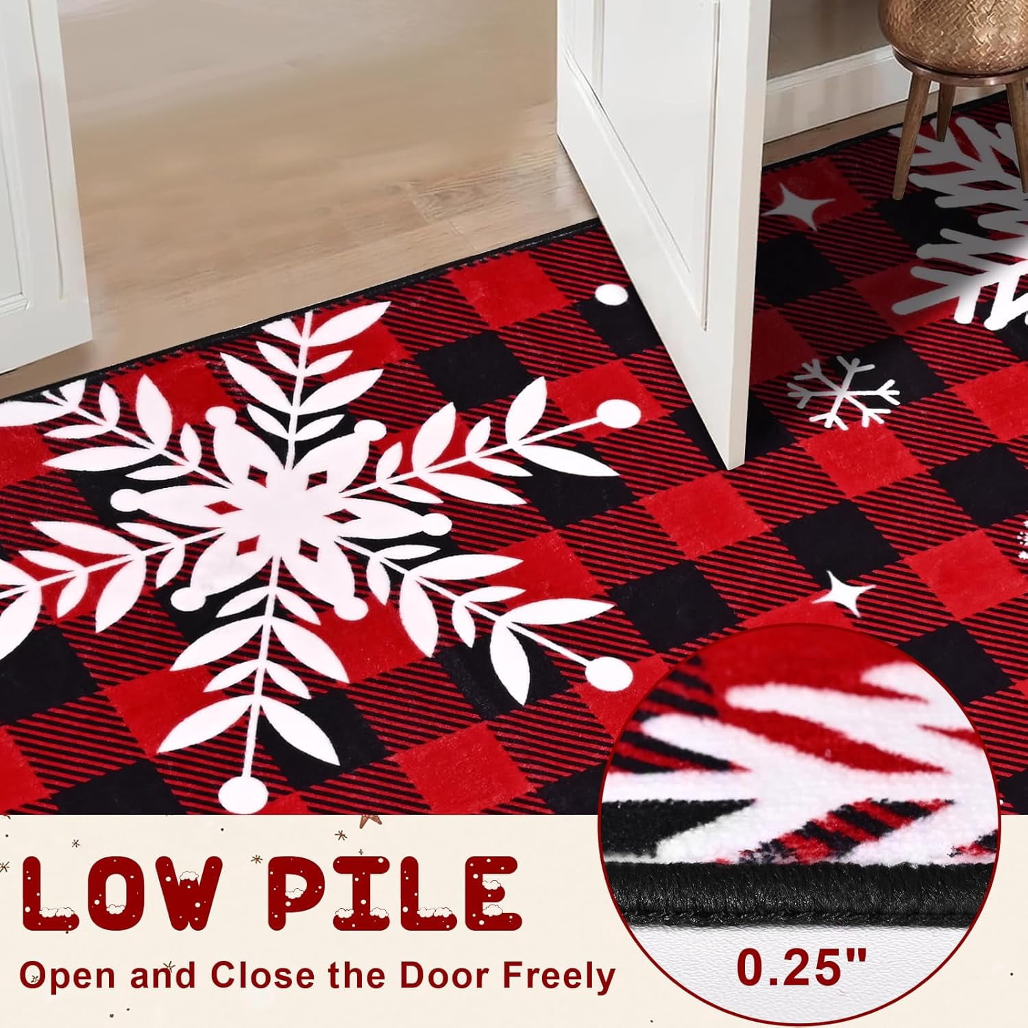 Bleum Cade Christmas Snowflake Area Rugs 2x3 Entryway Rug, Red Buffalo Plaid Non Slip Washable Door Mat,Outdoor Indoor Welcome Mat for Entrance,Christmas Decorations