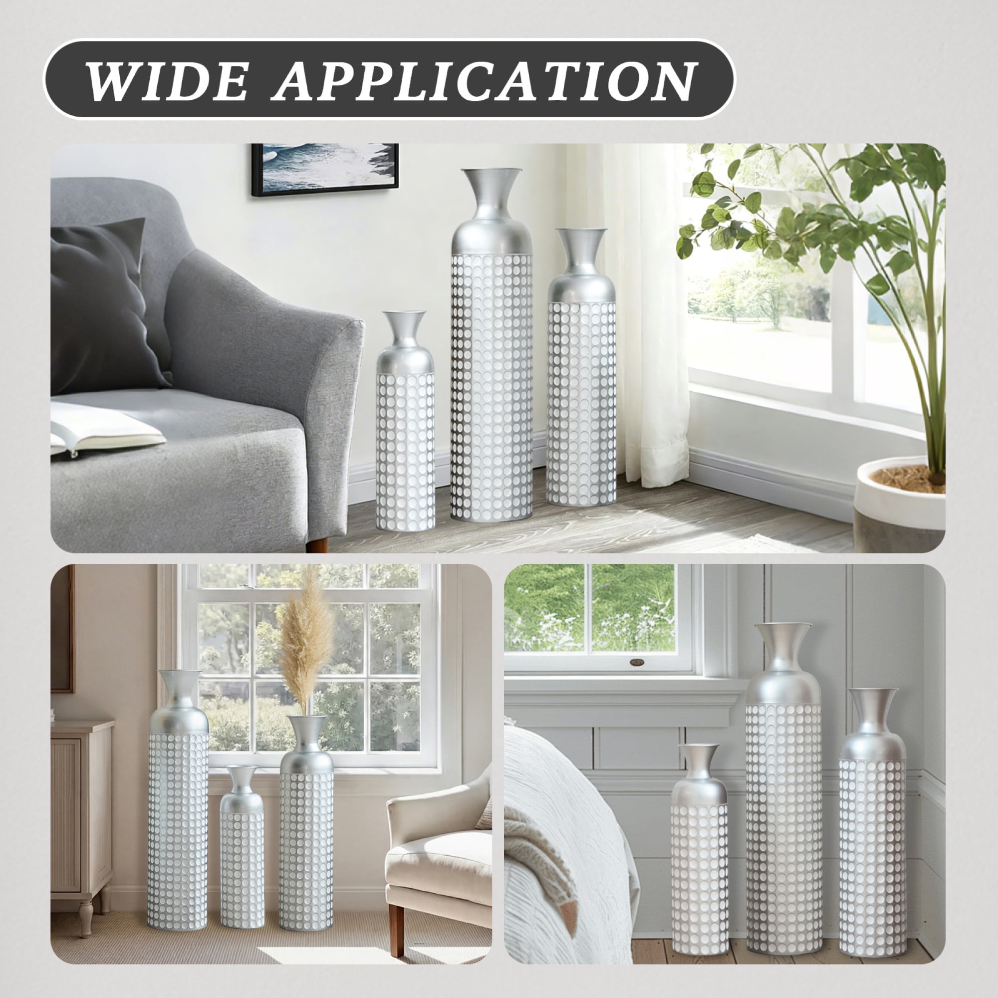 Leumius 3 Pack Silver Metal Vase Set, Tall Embossed Nested Vases, Semi-Handcrafted Decorative Centerpieces for Home Living Room Floor Fireplace
