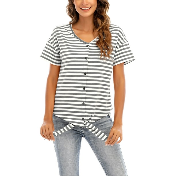 MAWCLOS Ladies Summer Tops V Neck T Shirt Short Sleeve T-shirt Fashion  Beach Striped Tunic Blouse Gray White XL