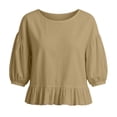 thumbnail image 2 of ClodeEU Women's Round Neck Bubble 3/4 Sleeve Tops,Casual Ruff Hem Cropped Blouses ,Women's Plus XL, 2 of 5