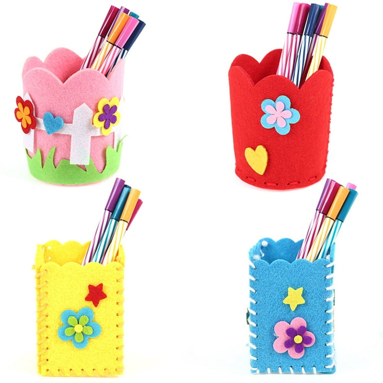 4 PCS Hand Stitch Sewing Kit for Kids DIY Felt Pens Holder Pencil Container  Stationery Organizer with Safety Needle Thread for Beginner Children Kids  (Random Pattern) 
