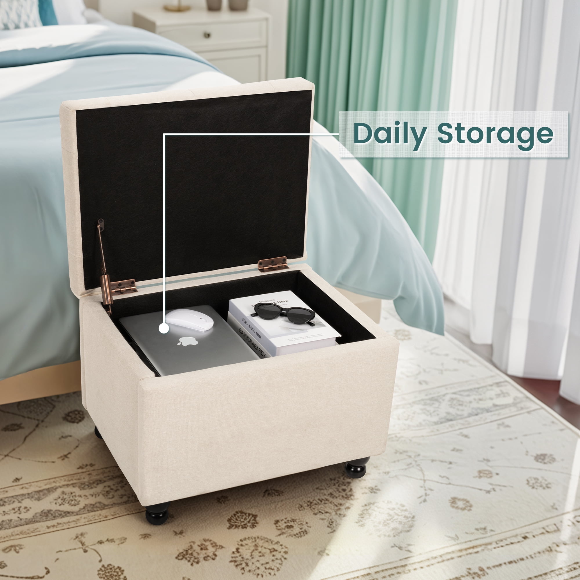 Pamapic 24“ Rectangle Upholstered Storage Ottoman, Fuax Linen Shoe Stool in Beige for Entryway