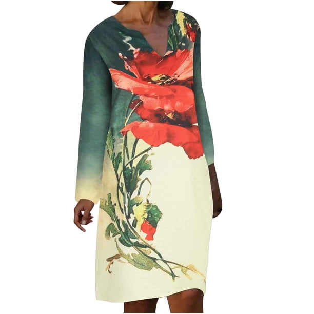 Vestido largo hasta la rodilla con cuello en V y manga larga con estampado cómodo e informal a la moda para mujer Pompotops hdfakjf3105