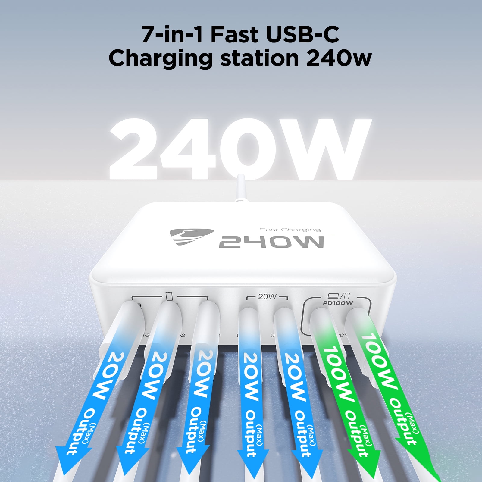 Aioneus 7-Port GaN USB C Charger Block 240W Fast Charging Station Power Adapter Compatible with Laptop Macbook iPhone iPad, White