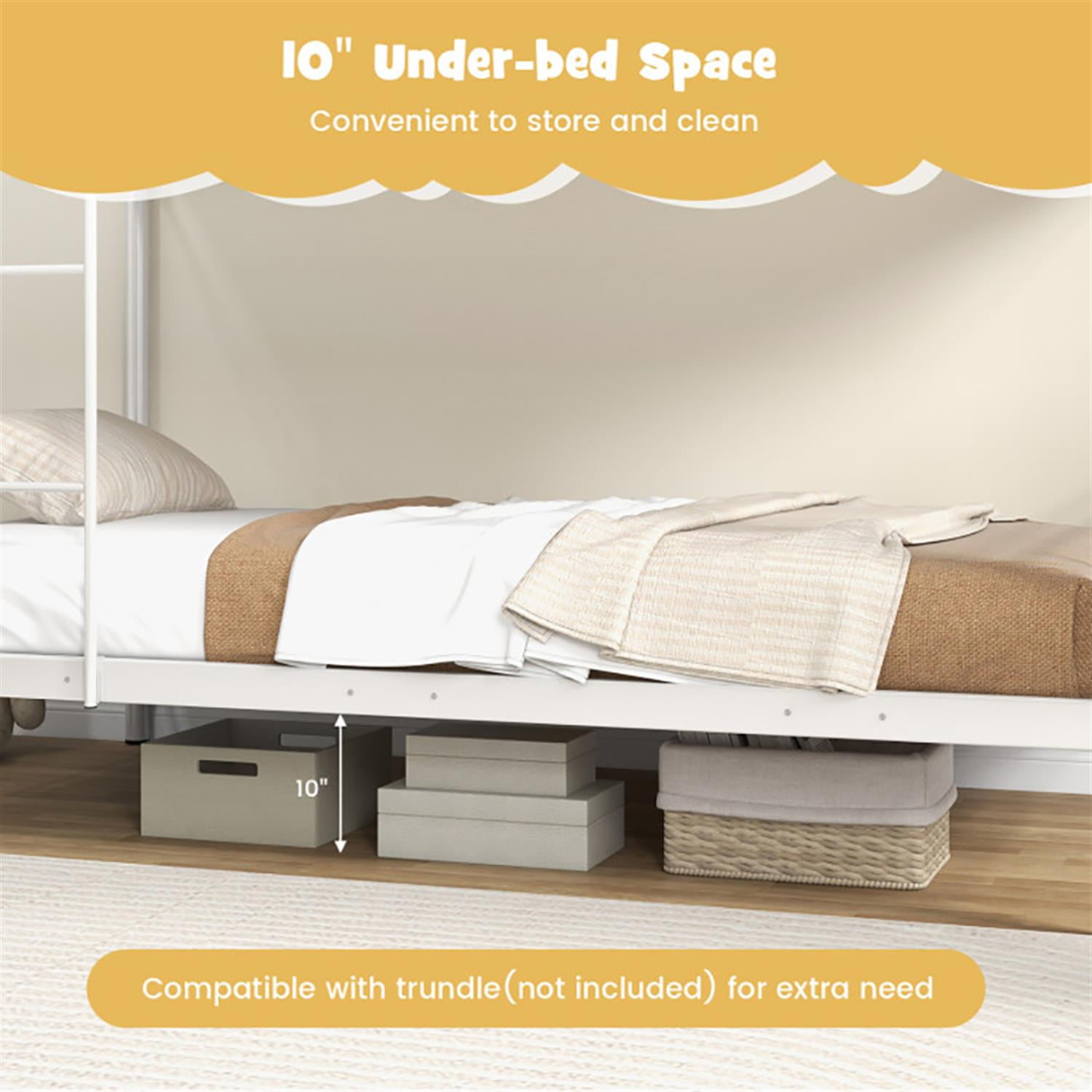 Demi Bonn Metal Bunk Bed Frame Twin Over Twin with Ladder and Full-length Guardrails, Heavy Duty Metal Bed Frame, White