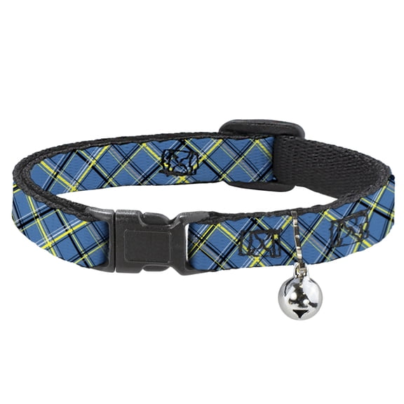Buckle-Down Breakaway Cat Collar With Bell, Plastic Clip, Easy Adjustable, Plaid Turquoise Yellow Black Gray, 8.5 to 12 Inches 0.5 Inch Wide