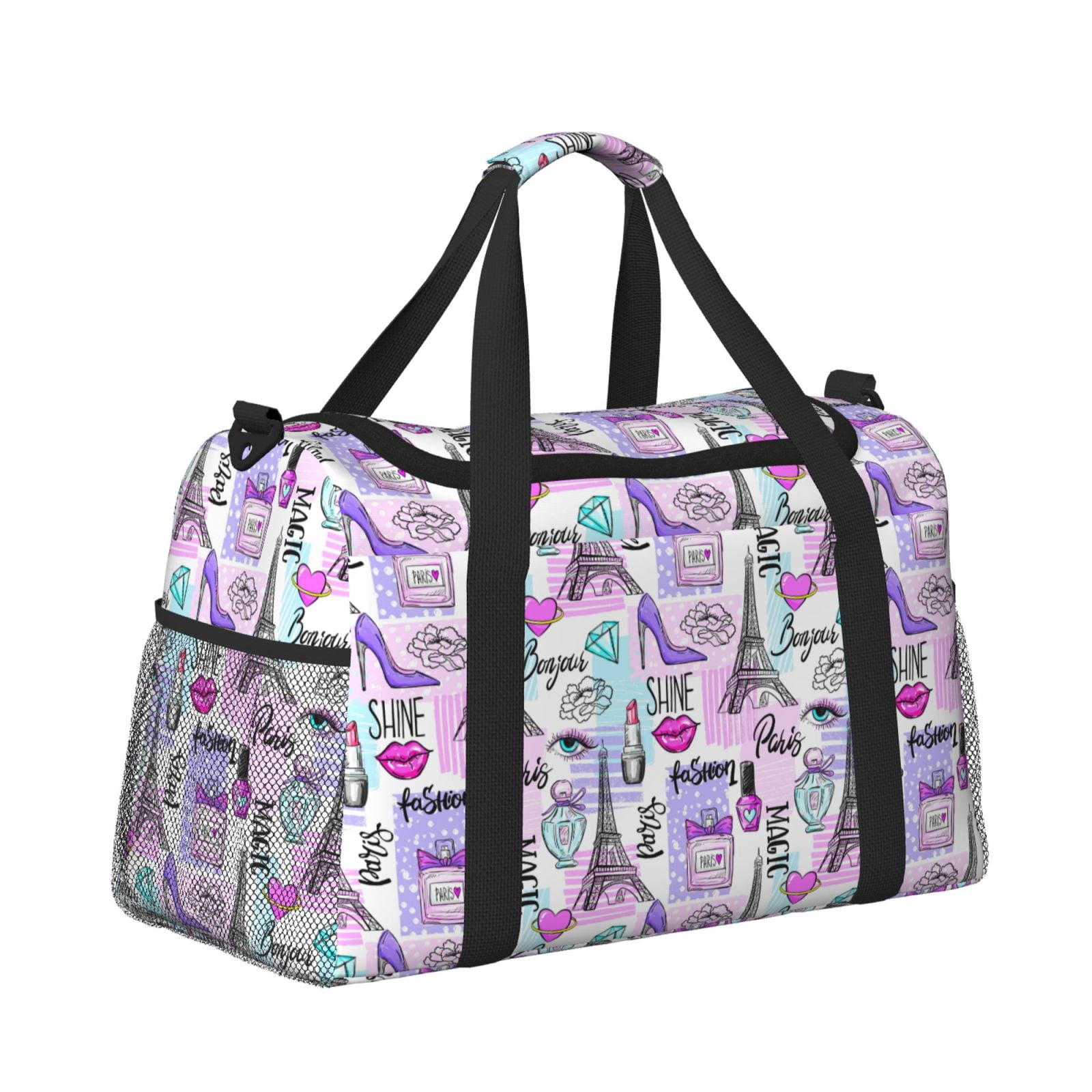 Fuzoiu Eiffel Tower and Hearts Print Travel Duffle Bag,Carry On Tote Bags,Duffel Bag,Sport Gym Bag, Hospital Bag for Labor and Delivery, Overnight Bag,Luggage Bag