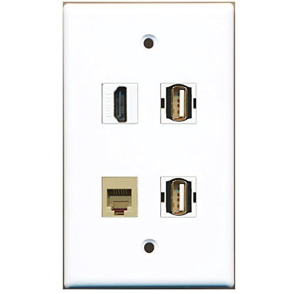 RiteAV - 1 Port HDMI 2 Port USB A-A 1 Port Phone RJ11 RJ12 Beige Wall Plate