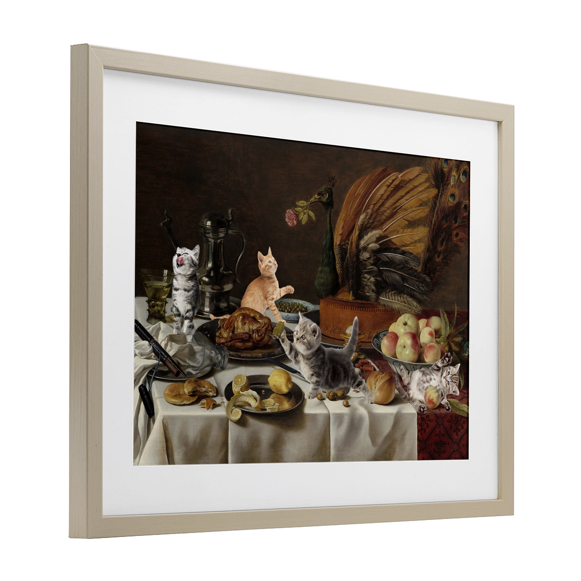 Kittens on Still Life Feast Birch Framed Print Under Glass, design by Masters Redux