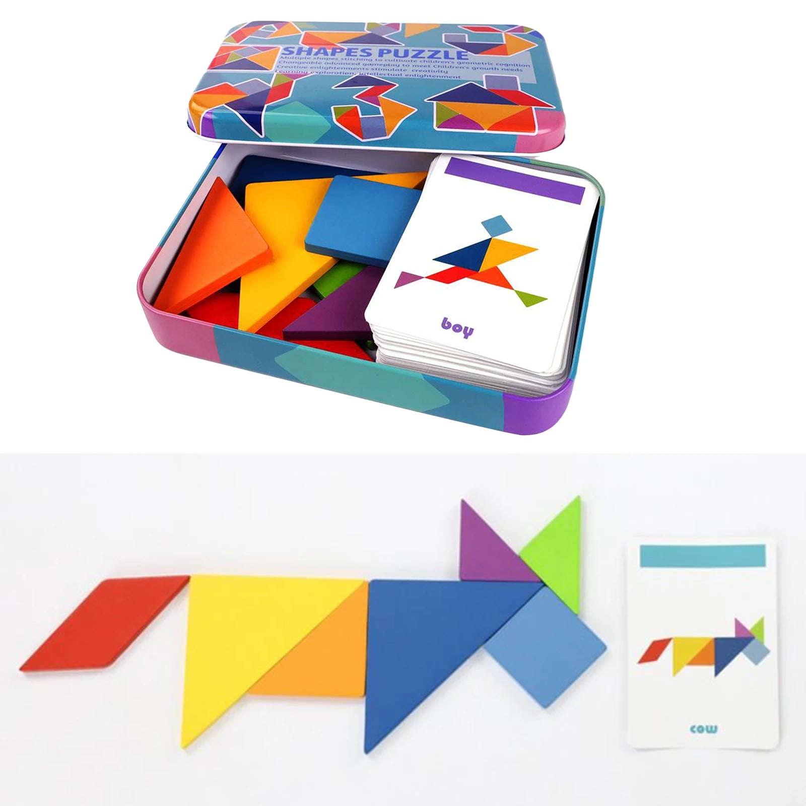 Wooden Tangram Puzzle Montessori Pattern Block Stacking Challenge