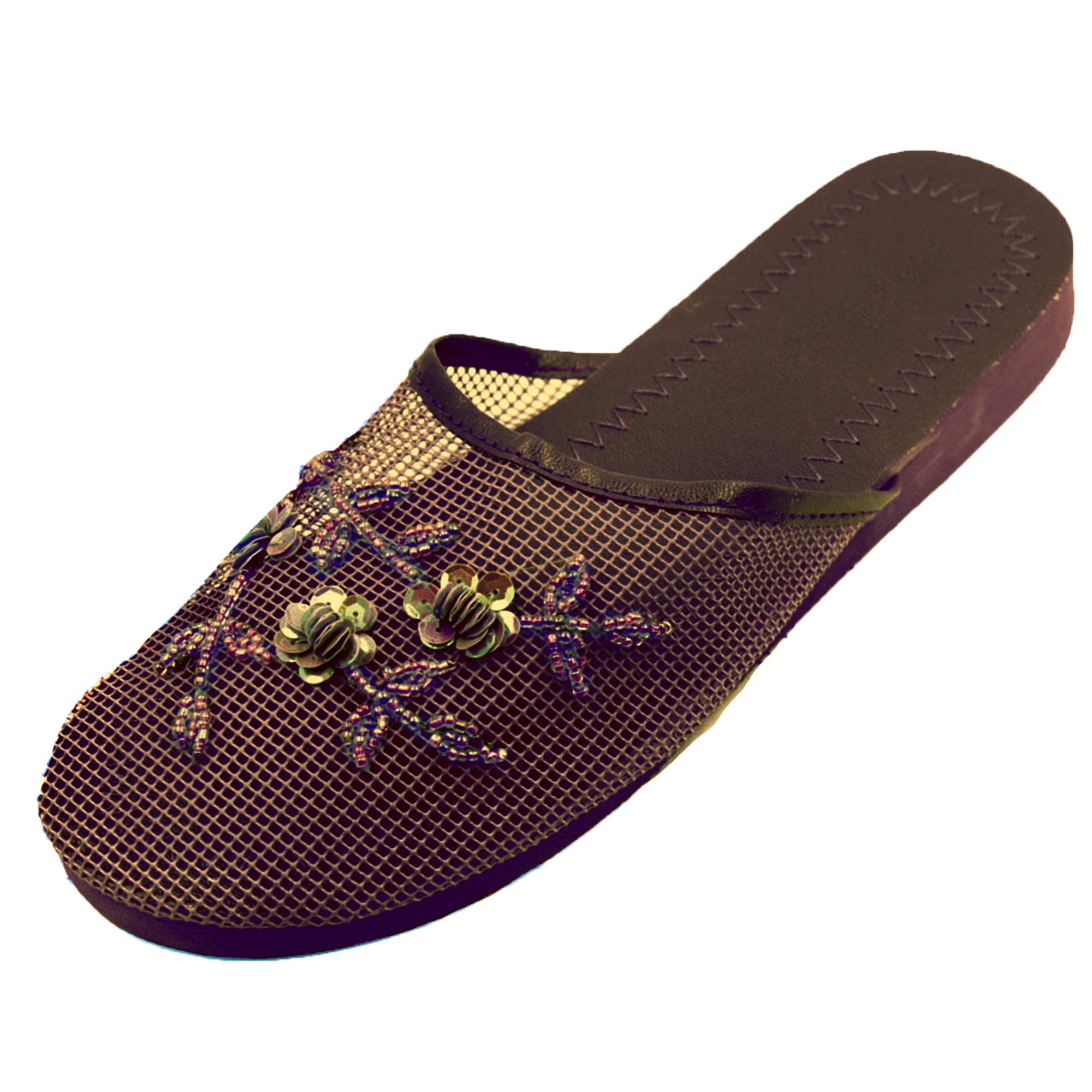 SNJ Women's Mesh Sequin Slide Beaded Chinese Floral Sandal Slipper