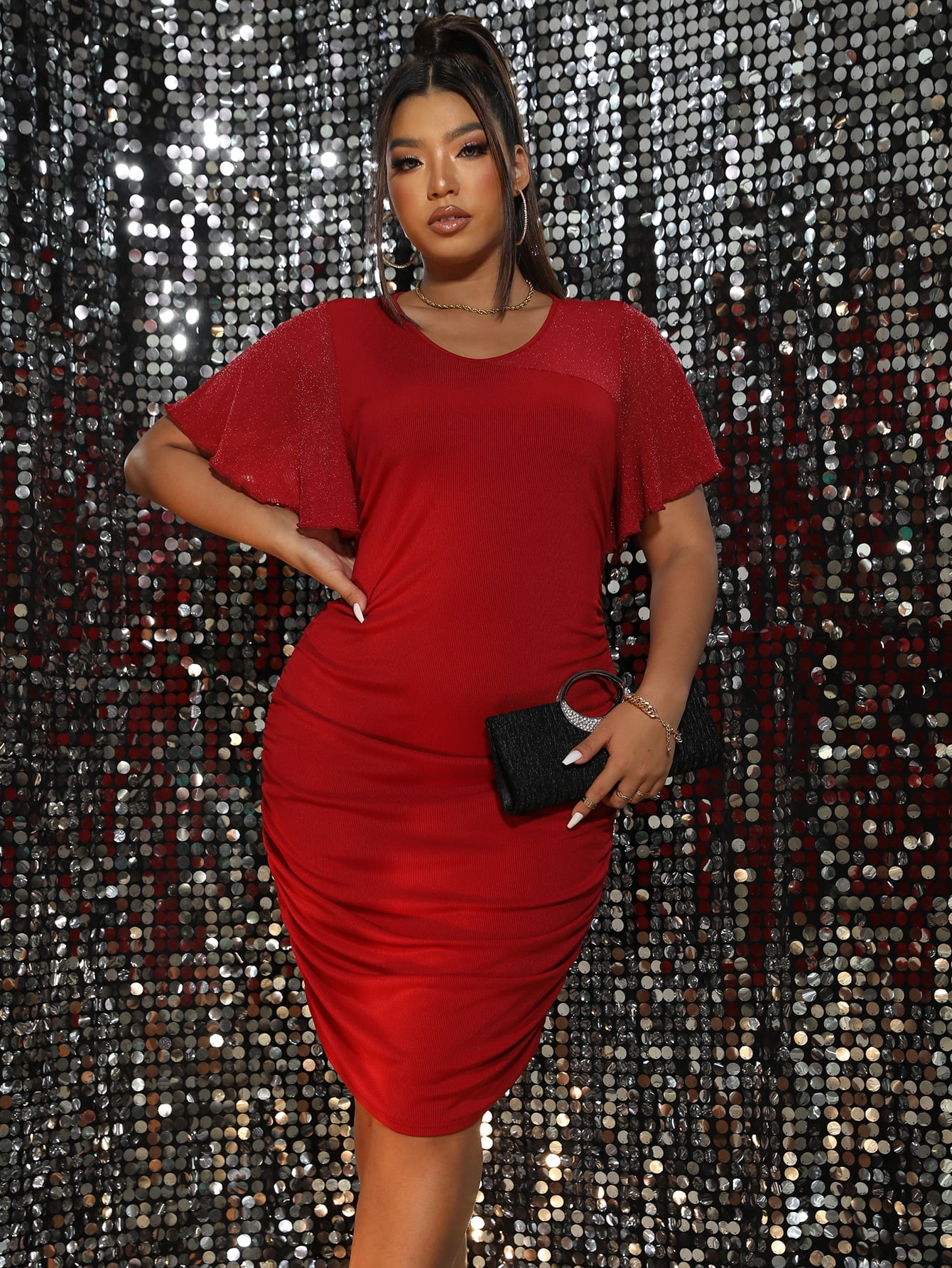 Flutter Sleeve Ruched Bodycon Dress 