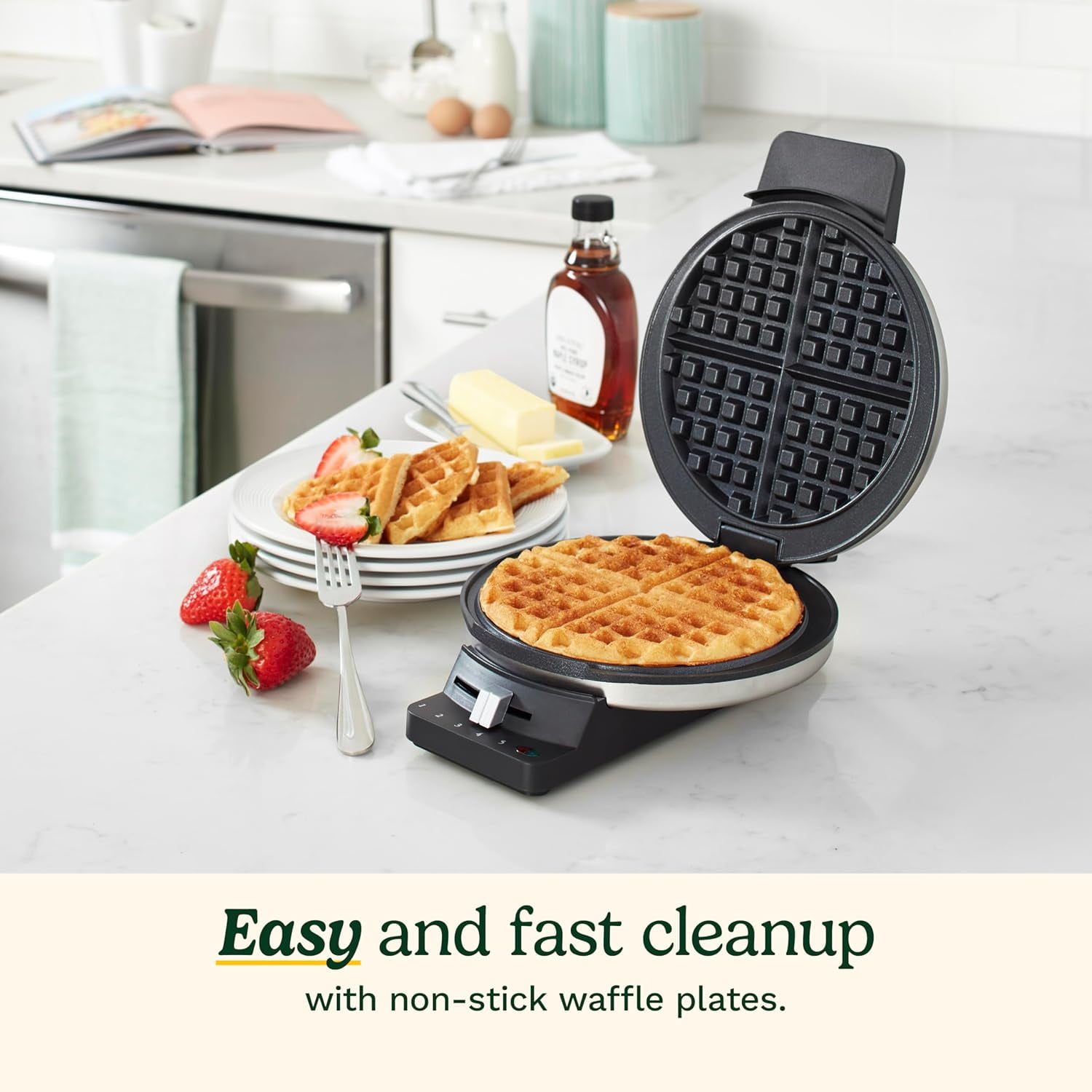 Waffle Maker, 1250W Round Classic Waffle Iron, 5-Setting Adjustable Browning Control,Brushed Stainless