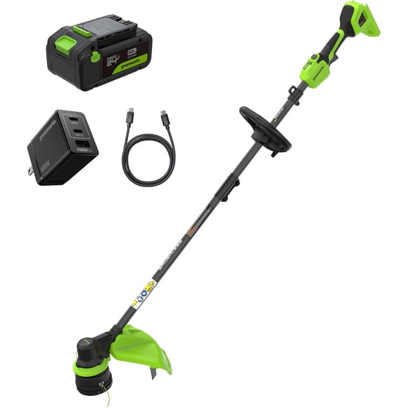 Greenworks 24V 15" Brushless String Trimmer, 0.080" Dual Line, Quick Load, Includes 6.0Ah Battery, 65W Type-C Charger & 3-ft Cable, 3-Year Warranty, Powers 200+ Tools