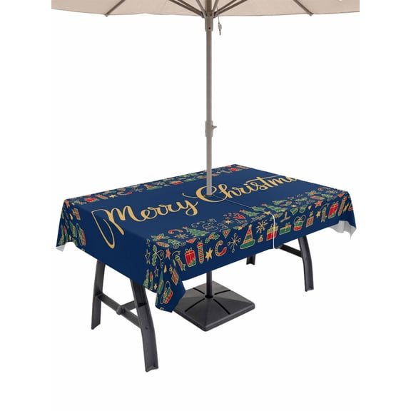 Outdoor Tablecloth with Umbrella Hole and Zipper, Christmas Rectangle Table Cloth 60x120 Inch Waterproof Tablecloth, Modern Winter Xmas Trees Gifts Navy Blue Picnic Table Cover for Patio Camping