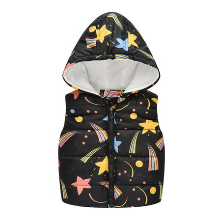 

EHTMSAK Children Boy Girl s Thicken Zip Up Puffer Jacket Toddler Baby Sleeveless Cartoon Print Padded Vest Hooded Fall Winter Outerwear Black 1Y-6Y 90