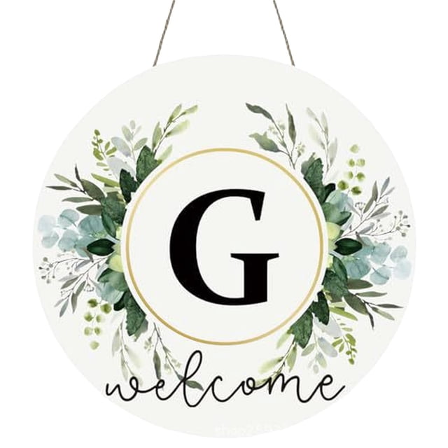 Delayujihangs Monogram Letter Welcome Sign for Front Door Rustic Green Floral Family Initial House Warming Decor Spring Summer Wooden Wreath Personalized Sign for House Front Porch 12 Inch
