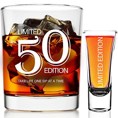 9oz Whiskey Glass + 2oz Shot Glass For Funny 50th Birthday Gifts Men