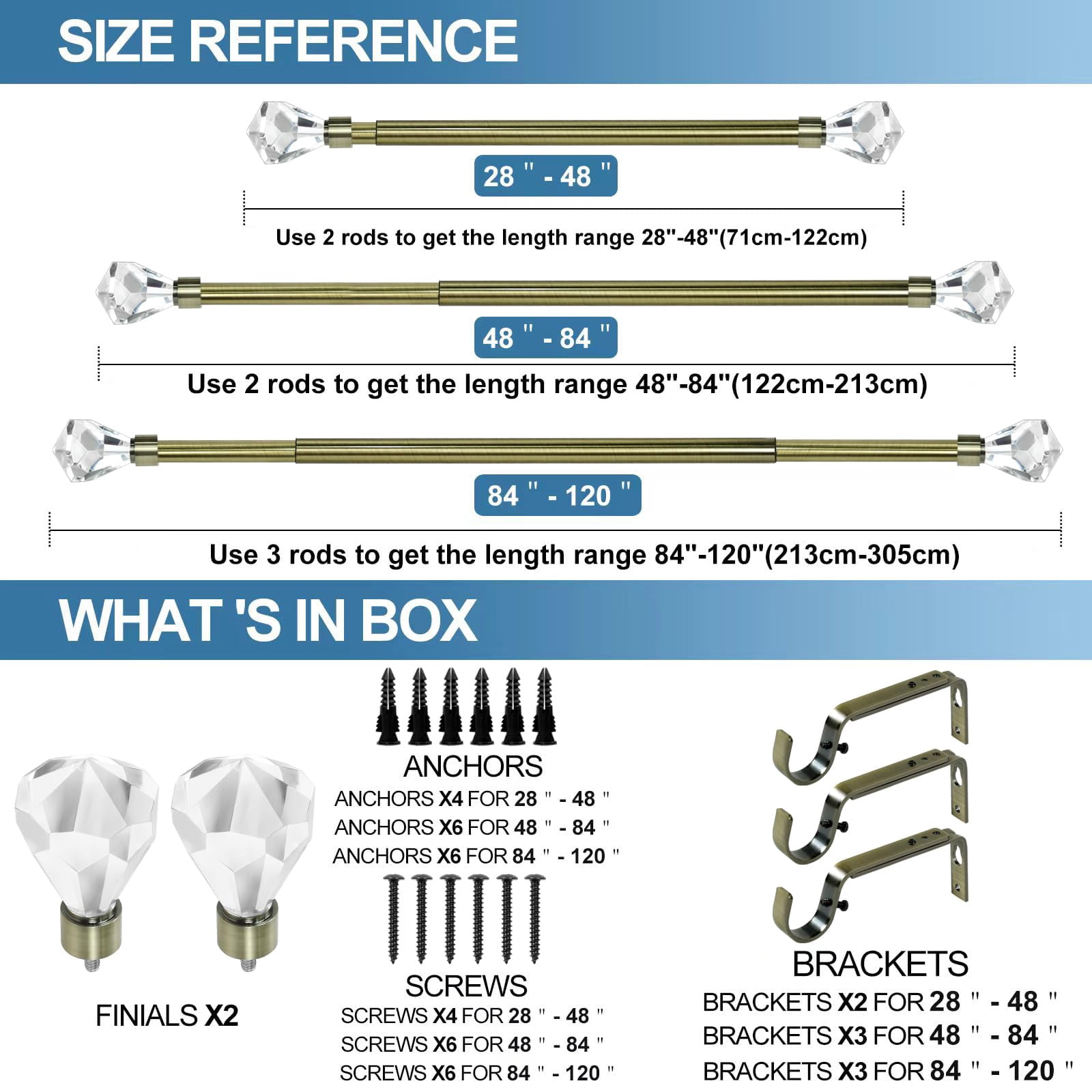 Urbanest Real Crystal Diamond-cut Elegant Designer Curtain Rod – Solid Metal Rod with Genuine Crystal Finials – 3/4" Adjustable , Heavy-Duty, Decorative, Sparkling Design, 48" to 84", Antique Brass