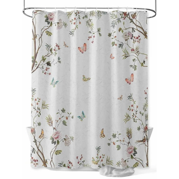 Spring Flowers Shower Curtain, Floral Butterfly Tree Leaves Branch Waterproof Shower Curtain Set with 12 Hooks Lightweight Washable Fabric Shower Curtains for Bathroom 60x72 Inches