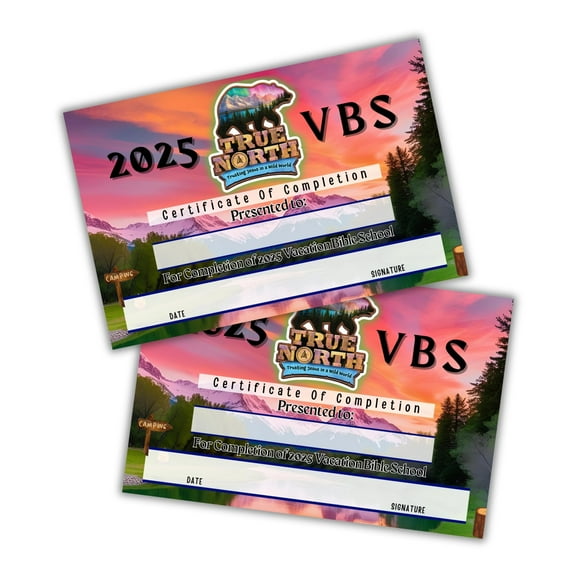 2025 VBS True North Certificate of Completion 50pk 6x9 Vacation Bible School Award Participation Northern Lights Cold Snow Supplies Kit Bulk